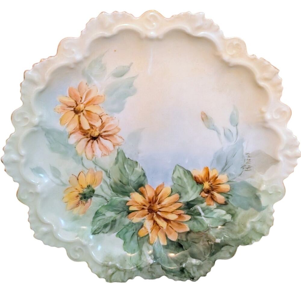 Vtg M.Z. Made in Austria Fancy Edge Hand-Painted Yellow Flower 6" Plate Signed